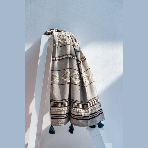 Boho Greige & Blue Tassels Throw Blanket